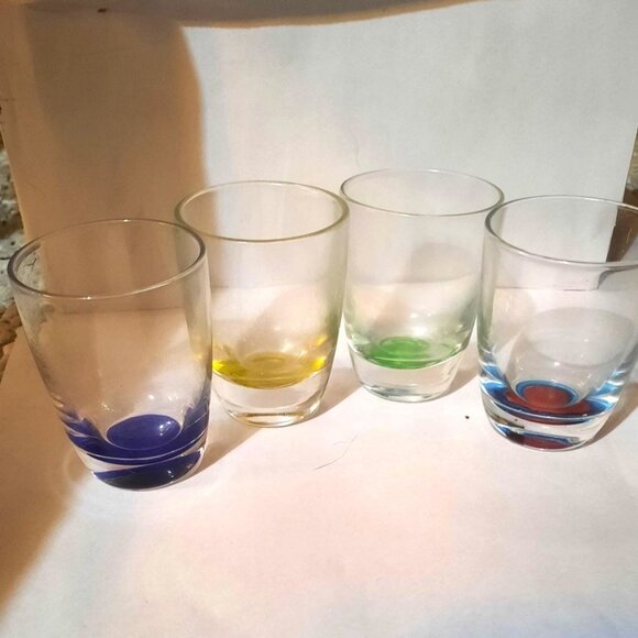Set Of 4 Colorful Bottom Shot Glasses - Yellow Green Red & Blue - Picture 1 of 6